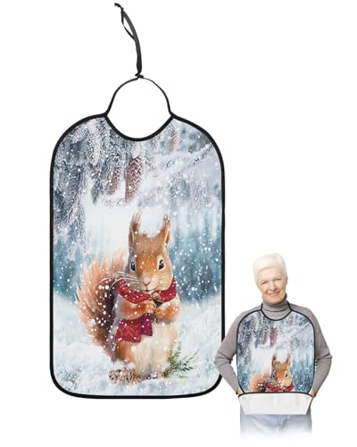 Christmas Squirrel Adult Bib for Adults Men, Women, Washable & Adjustable Terry Cloth Bib with Crumb Catcher Reusable Waterproof Clothing Clothes Protector Apron Forest Snowflake Pine Tree Watercolor