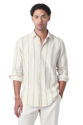 Image of Peter England Men's Linen Blend Shirt | Subtle Stripes | Full Sleeves