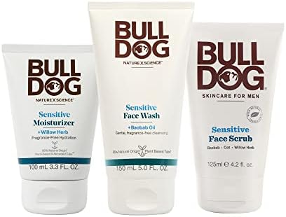 Bulldog Mens Skincare and Grooming Sensitive Full Face Kit with Moisturizer, Face Wash and Face Scrub, 3 Count