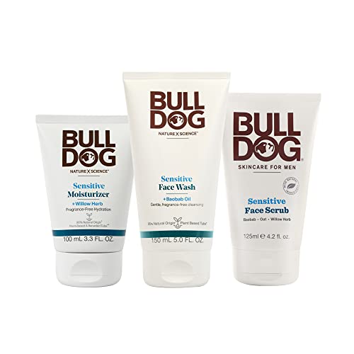 BULLDOG Mens Skincare and Grooming Sensitive Full Face Kit with Moisturizer, Face Wash and Face Scrub, 3 Count