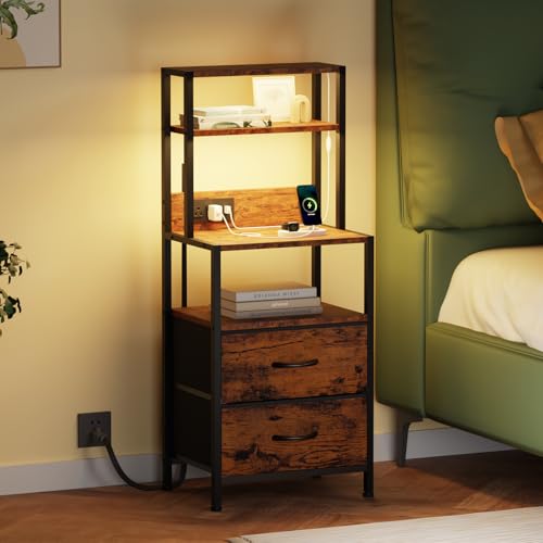 Furnulem Night Stand, Tall Nightstand with 4-Tier Shelves, 2 Fabric Drawers and LED Lights, Bed Side...