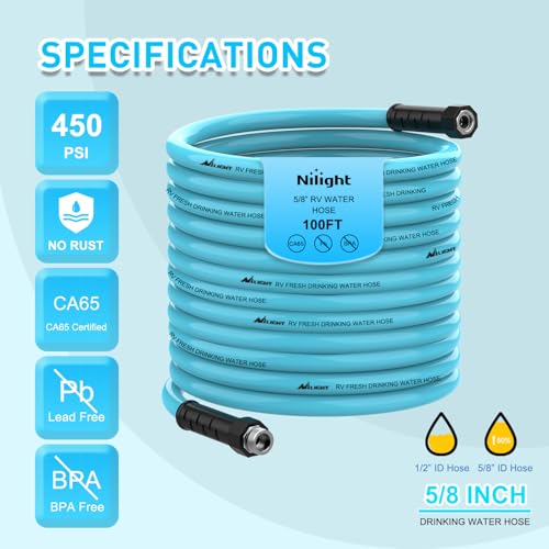 Image of Nilight RV Water Hose 100FT Garden Drinking Hoses with Storage Bag | Leakproof Anti-Kink 5 /8 inch Inner Flexible Lightweight Freshwater Hose for RVs Campers Travel Trailer Boat Car Wash Accessories