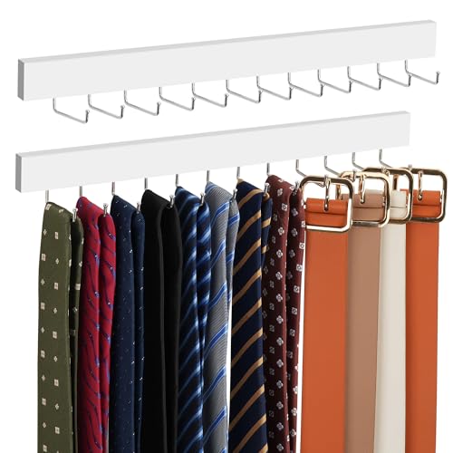 ZEDODIER 2 Pack Wodden Tie Hanger Wall Mounted, Space Saving Belt Organizer for Man with 24 180° Rotating Hooks, Space Saving Belt Storage Holder, White