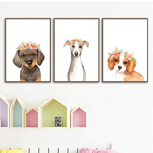 Peinture Toile Chiens Couronne Florale Art Mural Haut de Gamme Impression Jet d'Encre 50x70