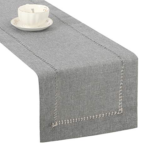 Tosewever Decorative Hemstitch Linen Table Runner Farmhouse Style Tabletop Collection Handcrafted Table Runners for Everyday Dining Wedding Party Holiday Home Decor (14 x 72 Inches, Grey)