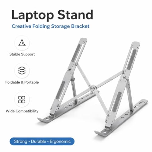 Image of KATYAYANI Adjustable Laptop Stand for Desk | Portable & Foldable Aluminium Laptop| Heat-Dissipation, 7-Level Height Adjustable Holder | Compatible with 10-17 Inch Laptops, Tablets Carry Pouch Included