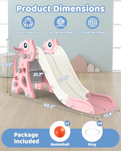 Babytronic Toddler Slide, Kids Indoor Outdoor Slide, Baby Slide Playset with Basketball Hoop & Ring Toss, Foldable Baby Plastic Slide, Outdoor Playground Climber Slide (Pink) - Thumbnail 7