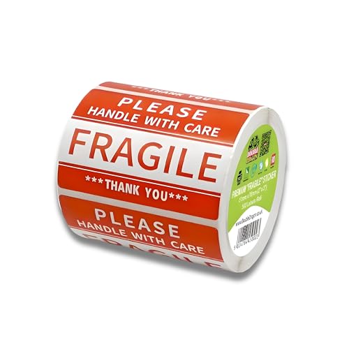 Double Dragon 500 Labels 2x3 Inch (50mm x 76 mm) Fragile Handle With Care Sticker Red Warning Label for Packing Boxes Strong Adhesive