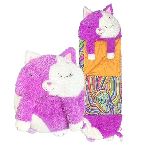 Happy Nappers Kids Sleeping Bag - White Cat Medium Size - Suitable for Children Aged 3 to 6 Years - Plush Toy Comfy Sleeping Bag & Fluffy Pillow All in One