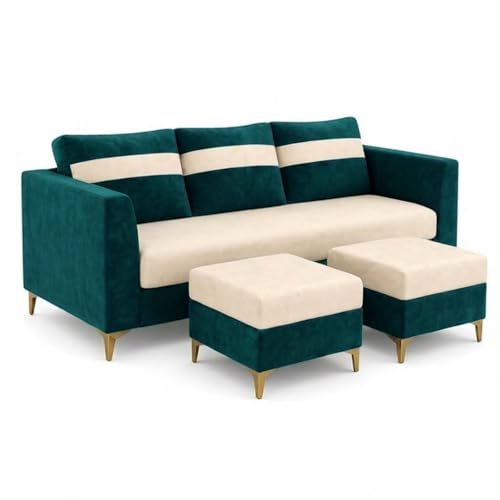 Image of FURNY Nova 5 Seater L Shape Sofa Set with 2 Movable Ottoman | Flexible Left or Right Layout | Plush Velvet Fabric (Greenish Teal-Cream) | Perfect for Living Room, Guest Room & Office