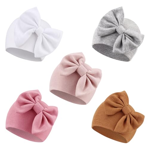 Image of AQOKKA 5 PCS Newborn Baby Hats Cotton Baby Beanie Caps with Bow Infant Hospital Hats Newborn Hats for Baby Girls 0-6 Months