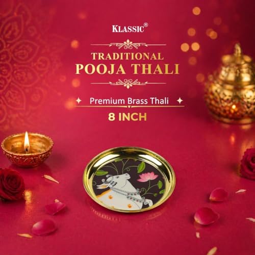 Image of Klassic 8 Inch Brass Pooja Thali, Traditional Auspicious Handcrafted Designed Bhog Plate for Puja Ghar Home Office Mandir Diwali Wedding Return Gift Items (Pack of 1, Golden)