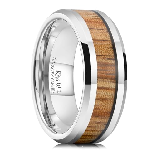 Image of King Will Nature Koa Wood Inlay Tungsten Carbide Wedding Ring 8mm Silver /Black /Gold /Green /Rose Gold /Blue Wedding Band for Men High Polished Anniversary Rings Comfort Fit Size 6-15
