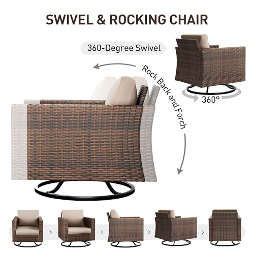 Image of UDPATIO Patio Furniture Set, 5 Pieces Outdoor Furniture Sets with Rocking Swivel Chairs, Wicker Rattan Patio Conversation Set with Storage Table and Waterproof Covers for Backyard Deck Porch, Khaki