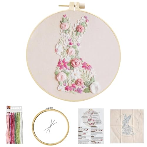 Image of YOUDRN Bunny in Bloom Easter Embroidery Kit for Beginners, Embroidery Kits for Adults,DIY Hand Bunny Embroidery Easter Cross Stitch Starter Set with Pattern,Threads,Needles,Instruction,20cm Hoop
