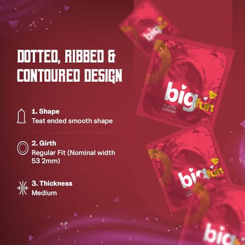 Image of Bigfun Ultra Sensitive Premium Condoms | Dotted, Ribbed & Contoured | Teat Ended Smooth Shape | Exotic Flavours for Added Fun | Regular Latex Fit | Electronically Tested for Safety Pack of 3