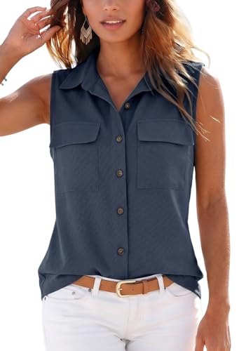 YUTILA Damen Bluse Ärmellos Sommer Leicht Casual Einfarbig Hemdbluse mit Knopfleiste und Brusttaschen