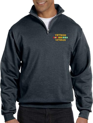 MilitaryBest Vietnam Veteran with Service Ribbons Embroidered Black Heather Embroidered Quarter-Zip Pullover (X-Large)