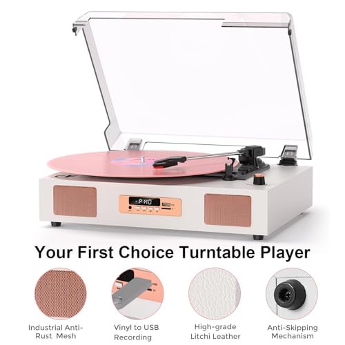 Image of Vinyl Record Player 3-Speeds 3-Sizes Turntable with Built-in Speakers, USB Recording, Bluetooth Playback, RCA Output, AUX Input, Plug & Play, White & Rose Gold Design (Larger Size)