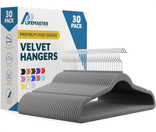 Lifemaster Velvet Non-Slip Hangers – 30 Pieces Non-Slip Coat Hanger Set with 360° Swivel Hook, Space-Saving, Sleek Design, Keep Closet Organized, Smooth Velvet Finish, Lightweight Construction – Gray