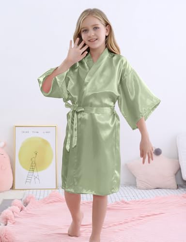 SEALINF Girls Kids Solid Color Silky Satin Kimono Robe for Wedding Spa Party, Short2