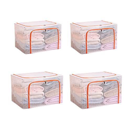 GUO FENG DIAO Steel Frame Storage Box Transparent Storage Box Quilt Storage Box Folding Wardrobe PVC or Nylon Fabric Extra Large Storage Bag (Orange Waterproof: 66L x 2Pcs + 80L x 2Pcs)