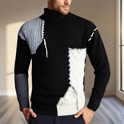 Men's Turtleneck Knit Sweater Slim Fit Lightweight Casual Twist Patterned Cable Knitted Color Block Contrast Pullover2