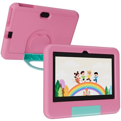 Android Tablet 7 inch Tablets with Case, 4GB RAM 32GB ROM 1TB Expand, Quad-core Processor Tablet PC, 1024 x 600 IPS Screen, Dual Cameras, 3000mAh Battery, Bluetooth, WiFi, GMS, Widevine L1 Pink