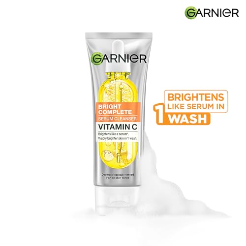 Image of Garnier Vitamin C + Serum Face Wash | Visibly Brighter Skin in Just 1 Wash | Gentle cleanser for Skin Brightening & Tan Removal | For dry, oily, sensitive skin | Facewash for Women & Men | 100gm