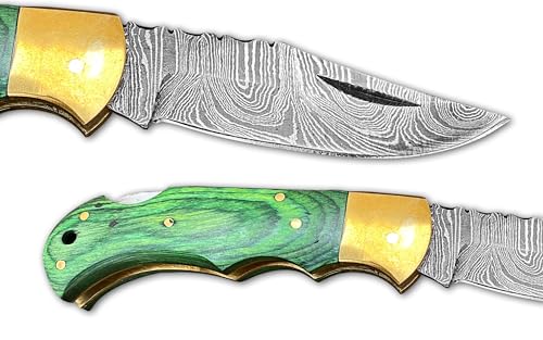 Novahaven Damaststahl Taschenmesser – Klappmesser für EDC, Jagd, Camping & Survival mit Holz-, Knochen- oder Harzgriff – Outdoor Geschenk-Messer (Mehrere Farben) (Grünholz)
