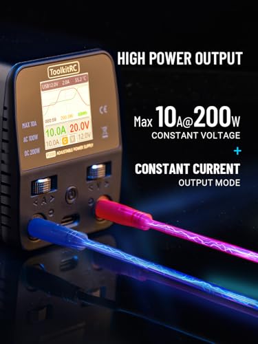 Image of NEW ToolkitRC P200 V2 Mini 30V Supply AC100W DC200W 10A GaN Adjustable Mini Desktop Power Supply USB Output 4.0mm banana female port with TypeC 65W Output fast charging