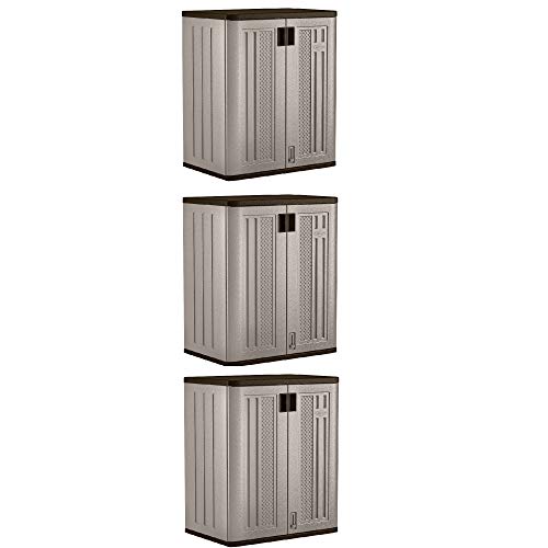 Suncast 3 Pack 9 Cu. Ft. Base Storage Cabinet, Resin Garage Organizer, Platinum Metallic/Slate