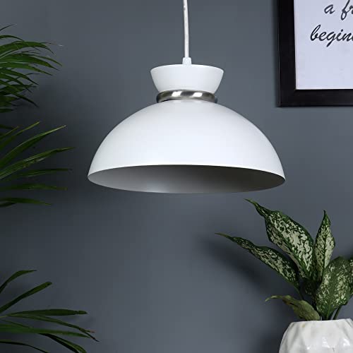 Image of MONI Modern White Metal Pendant Ceiling Light for Living Room, Dining Area, Kitchen Island | Dome Hanging Lamp Shade | E27 Holder | Contemporary Indoor Lighting Fixture (Pack of 1)