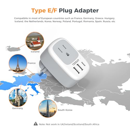 Image of Type E F Plug Adapter USB C, TESSAN Germany France Power Adaptor, Schuko Outlet with 3 USB Ports, Travel Plug for US to Europe EU Spain Iceland Korea Greece Russia German French