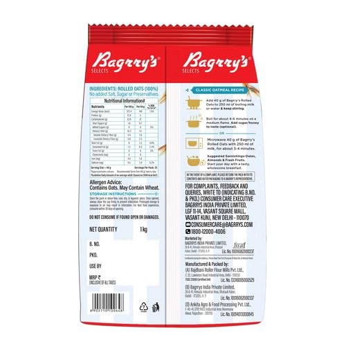Bagrrys Oats, Cereal para Desayuno (1kg, Avena en Hojuelas) miniatura 2