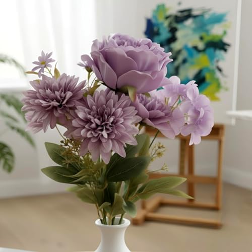 Image of Artificial Flower Bouquet - Purple Silk Roses, Peony & Mixed Flowers with Green Leaves | Realistic Faux Floral Arrangement for Home Decoration, Wedding, Party & Gift