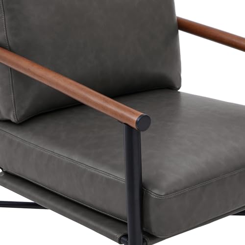 Image of Watson & Whitely Accent Chairs Set of 2, Mid Century Arm Chair for Living Room Bedroom, Modern Reading Chair Upholstered Lounge Armchair with Metal Frame & Wooden Armrests, Faux Leather in Grey