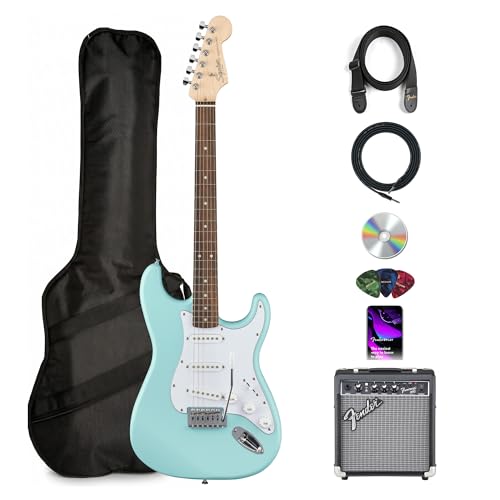 Fender Squier Stratocaster �G���L�M�^�[ - Daphne Blue Bundle with Fender Frontman 10G �A���v�A�M�O�o�b�O�A�P�[�u���A�X�g���b�v�A�s�b�N�AAustin Bazaar�̐����r�f�I�t��