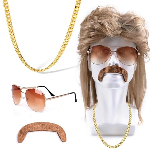 Feithmonic Perruque Mulet Hommes Année 80 70s, Marron Clair Longue Perruques avec Lunettes de Soleil, Fausse Barbe, Collier, Disco Rock Coiffure pour Carnaval, Cosplay, Halloween, Soirée Fête à Thème