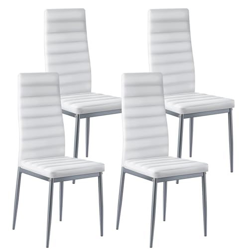 VEVOR Juego de 4 Sillas de Comedor de Estilo Moderno con Acentos, Tapizadas en Cuero, para Mesa de Comedor, Ahorra Espacio, con Cojines Gruesos y Patas de Metal, Color Blanco, 465 x 405 x 970 mm