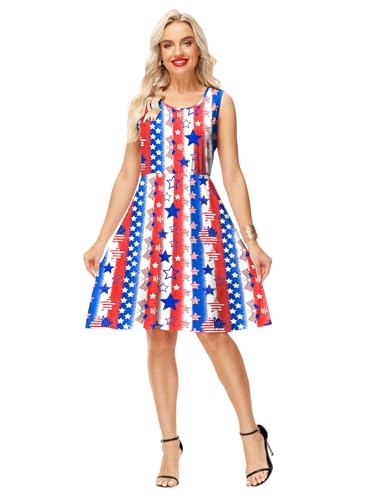 Image of Deerose 4th of July Dress for Women Sleeveless American Flag Patriotic Elastic High Waist Sundress