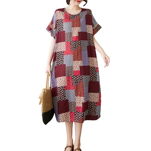 Image of LUZU JUNU Women's Summer Baggy Plus Size Loose Cotton Linen Long Boho Beach Dress with Pockets