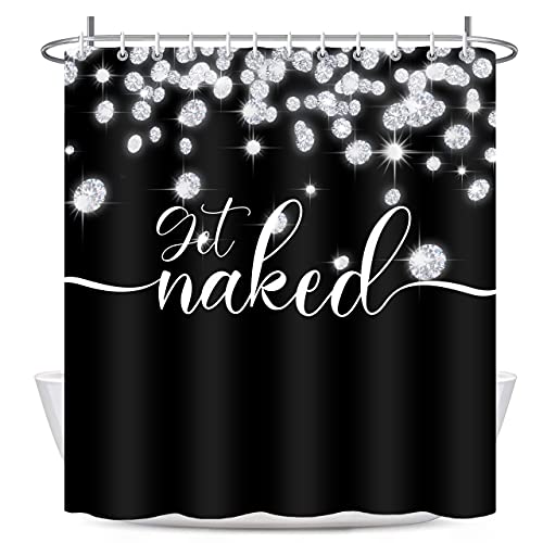 ChicByUs Get Naked Shower Curtain Diamond Rain 72 x 72 Inches, Cute Black and White Shower Curtains with Funny White Text on Black Background, Waterproof Polyester Bathroom Curtains with Hooks ChicByUs Get Naked Shower Curtain Diamond Rain 72 x 72 Inches, Cute Black and White Shower Curtains with Funny White Text on Black Background, Waterproof Polyester Bathroom Curtains with Hooks