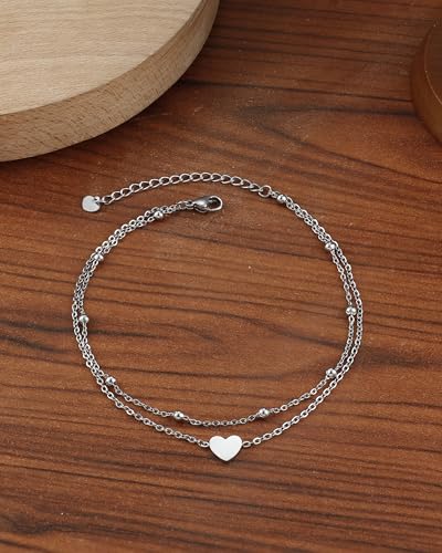 YADOCA Silber Fußkettchen für Damen Verstellbare Herz Doppelte Fussketten Strand Fußschmuck Geschenke für Frauen Teenager Mädchen (Inklusive Geschenkbox)