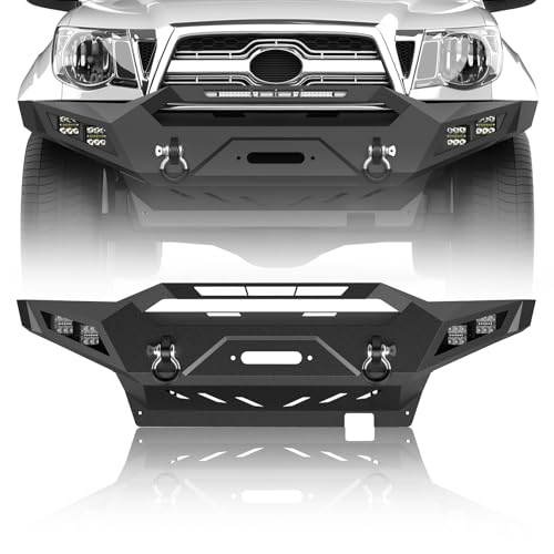 For Toyota Tacoma 2nd Gen 2005-2015 Off-Road Front Bumper Replacement, Heavy-Duty Rock Crawler Bumper w/Winch Plate & 2x D-Rings & 156W Light Bar & 4x LED Spotlights, Black