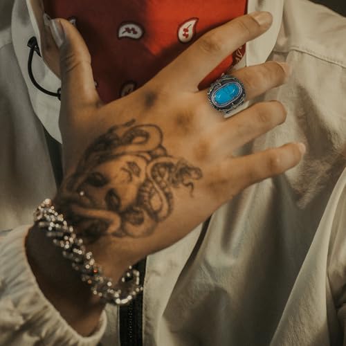 Retro Turquoise Ring for Men Stainless Steel Oval Biker Ring Jewelry for Men,Size7-152