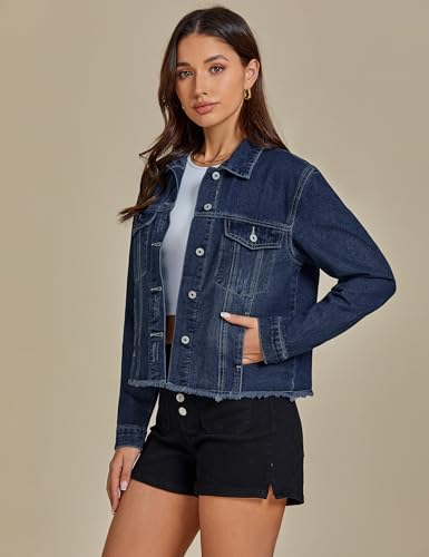 Image of luvamia Denim Jacket for Women Distressed Jean Jackets Button Up Vintage Western Trucker Jacket Frayed Hem Pockets