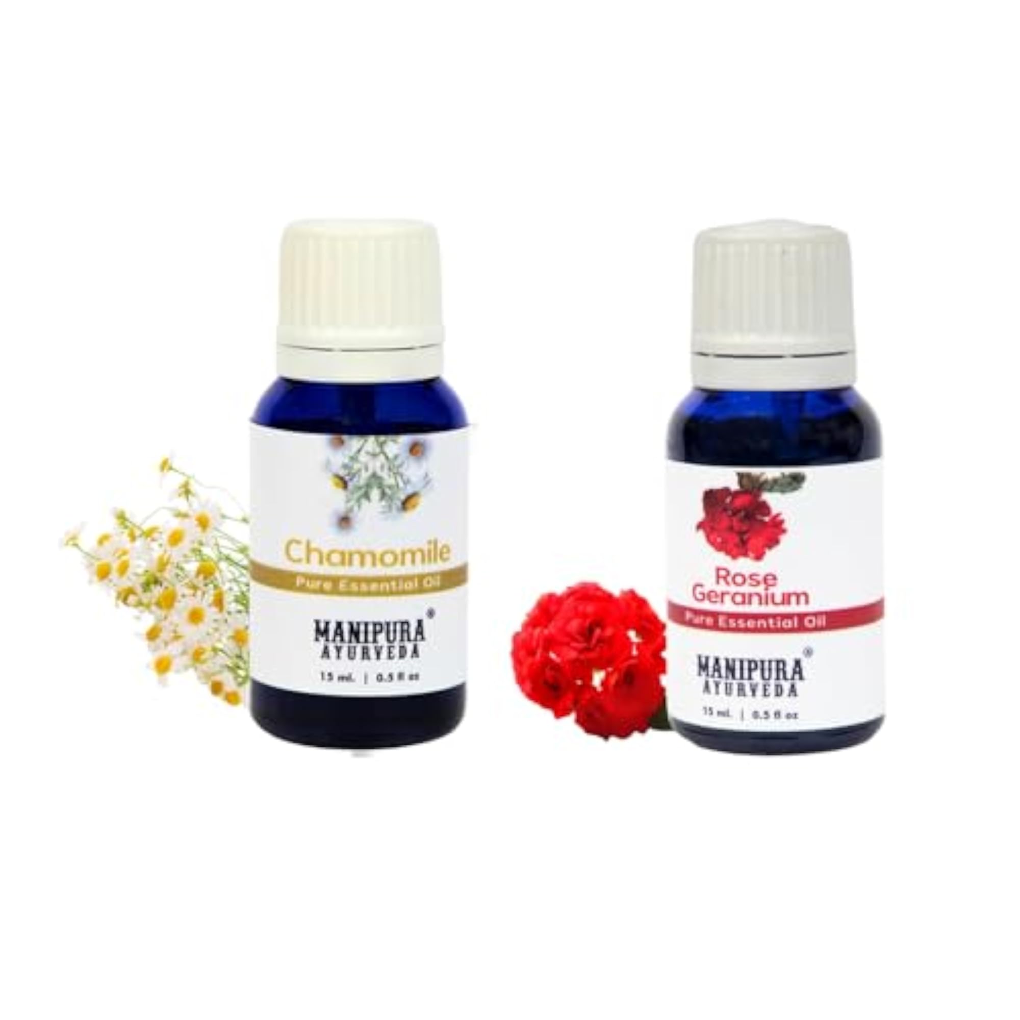 Chamomile & Rose Geranium Essential Oil Combo Pack, 15 ml Each