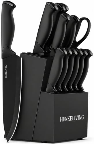 HENKELIVING Knife Set, 14-Piece Black Dishwasher Safe Kitchen Knife Block Set with Built-In...