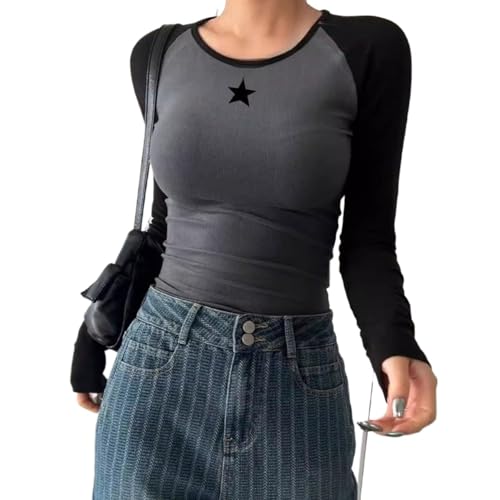 Star Shirt Color Block Graphic Round Neck Long Sleeve Pullover Bodycon Slim Fit Fall Streetwear Shirt